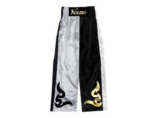 สั่งทำกางเกงคิกบ็อกซิ่ง กางเกง Kickboxing ขายาว ปักชื่อ : KNPANTS-002-ขาว-ดำ
