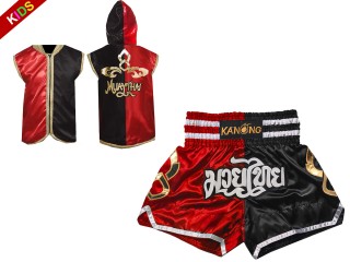 ชุด Gift Set ของขวัญ สั่งทำเสื้อฮู้ดมวยไทย กางเกงมวย ปักชื่อพิเศษ สำหรับเด็ก : SHOHOD-143-แดง-ดำ