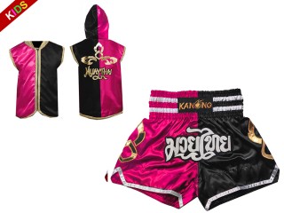 ชุด Gift Set ของขวัญ สั่งทำเสื้อฮู้ดมวยไทย กางเกงมวย ปักชื่อพิเศษ สำหรับเด็ก : SHOHOD-143-บานเย็น-ดำ