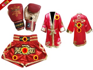 ชุดของที่ระลึก นวมมวยไทย เสื้อคลุมและกางเกงมวยไทยปักชือ  สำหรับเด็ก : สีแดง/ทอง