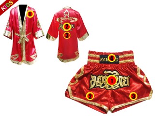 ชุดมวย Gift Set ของขวัญ สั่งทำเสื้อคลุมมวยไทย กางเกงมวย ปักชื่อพิเศษ  สำหรับเด็ก : สีแดง/ทอง
