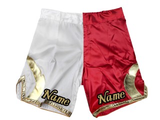กางเกงขาสั้น MMA แบบกำหนดเองเพิ่มชื่อหรือโลโก้: ขาว-แดง