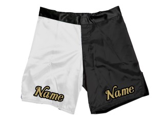 กางเกงขาสั้น MMA แบบกำหนดเองพร้อมชื่อหรือโลโก้: สีขาว-ดำ