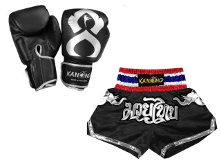 ชุดอุปกรณ์มวยไทย นวมมวย หนังแท้ + กางเกงมวยปักชื่อ : Set-125-Gloves-Thaikick-ดำ