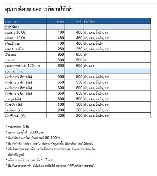 อุปกรณ์มวยไทยให้เช่าหลากหลายรายการ